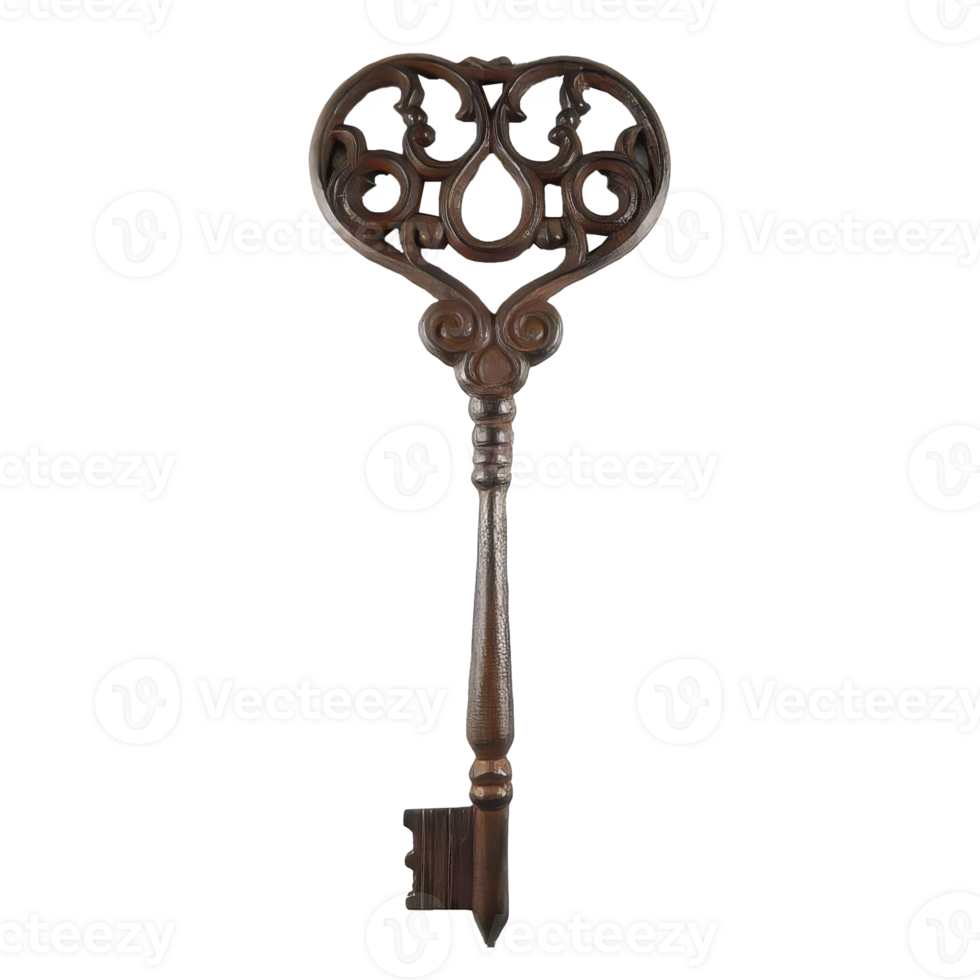 Wooden Key with Ornate Handle on Transparent Background png