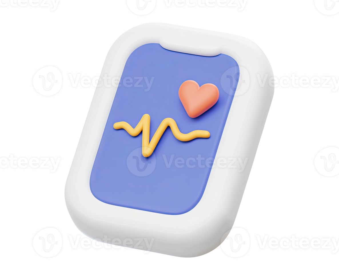 Smartphone screen showing heart rate ECG 3D render icon. Health app, fitness tracker, or remote patient monitoring. Isolated transparent graphic device. png