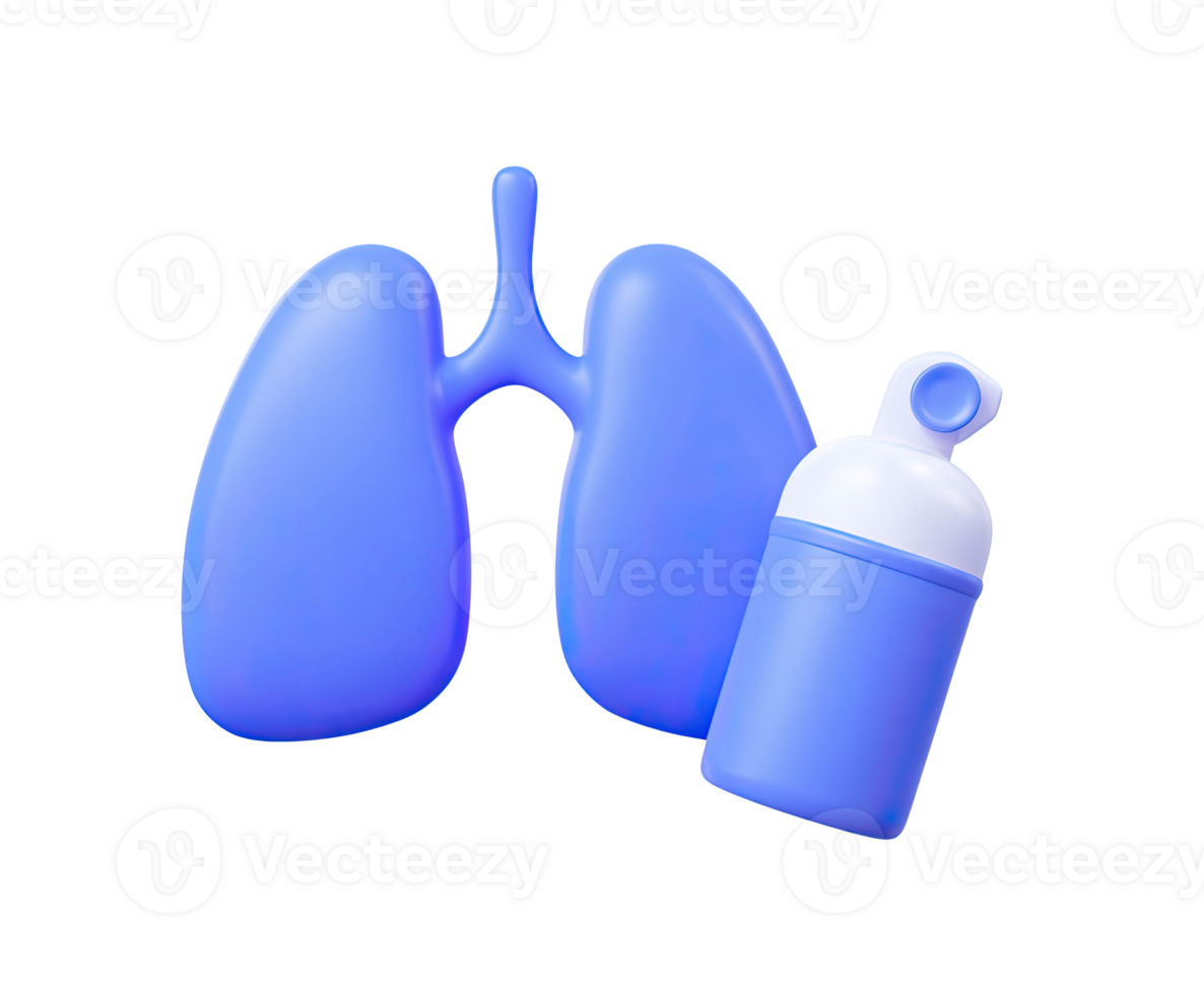 Lungs with inhaler puffer 3D render icon. Represents asthma treatment, respiratory therapy, or medication delivery. Isolated transparent graphic concept. png
