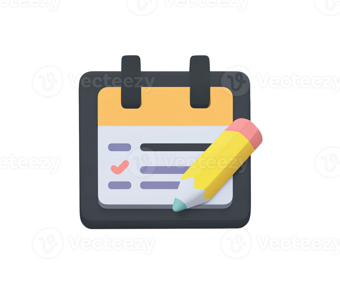 Clipboard checklist with pencil 3D render icon. Represents medical tasks, patient notes, health survey, or to-do list. Isolated transparent for forms. png