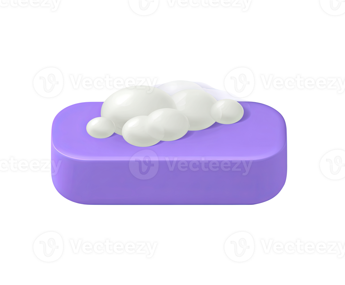 Bar of soap with lather foam 3D render icon. Hygiene, cleaning, washing hands, body care, or sanitation symbol. Isolated transparent graphic product. png