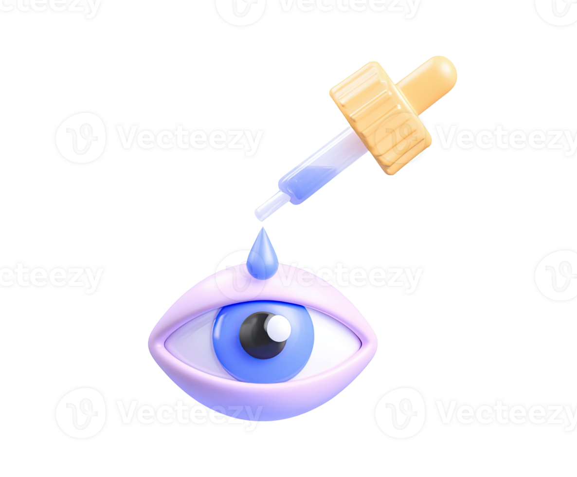 Eye dropper applying drops to eye 3D render icon. Represents eye care, treatment, medication, or vision health. Isolated transparent graphic for optometry. png