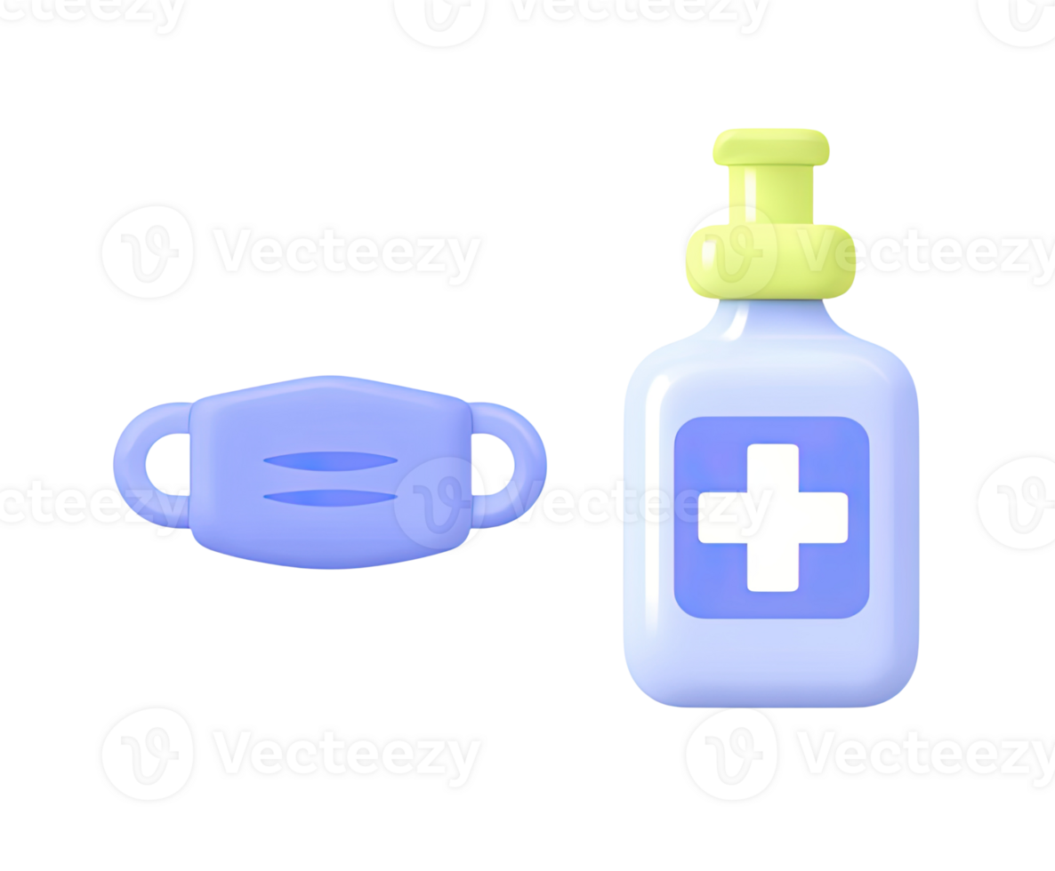 Face mask and hand sanitizer bottle 3D render icon. Represents hygiene, prevention, protection from virus germs. Isolated transparent graphic set. png