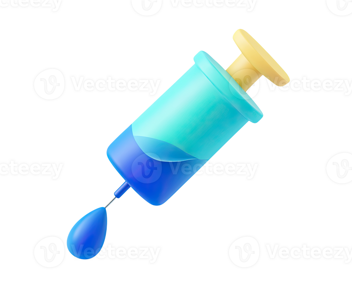 Syringe with blue liquid 3D render icon. Symbolizes injection, vaccine, immunization, or medical shot. Isolated transparent for treatment or lab visuals. png