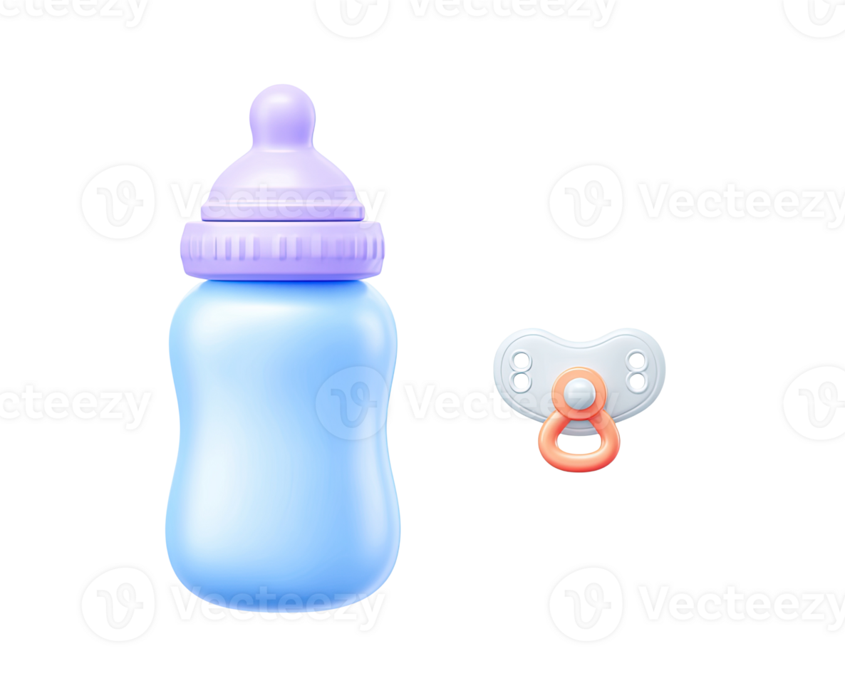 Baby bottle and pacifier 3D render icon. Infant feeding, nursery items, pediatric care supplies concept. Isolated graphic on black background. png