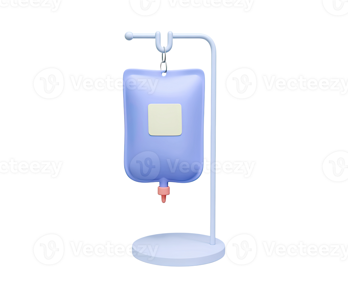 IV drip bag on stand 3D render icon. Represents intravenous therapy, hydration, medication delivery, or hospital treatment. Isolated transparent graphic. png