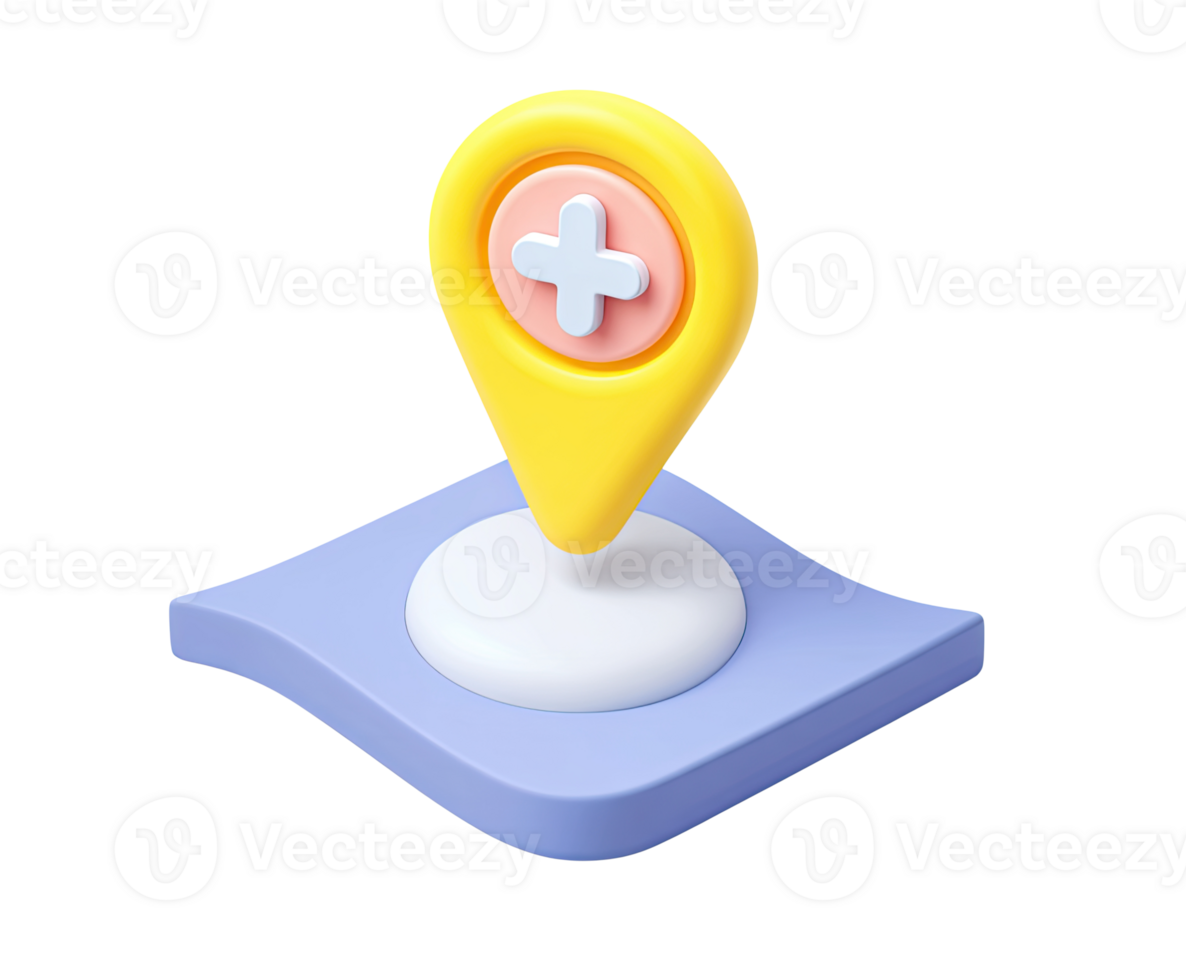 Map pin with medical cross 3D render icon. Represents hospital location, clinic finder, or pharmacy nearby search. Isolated transparent graphic marker. png
