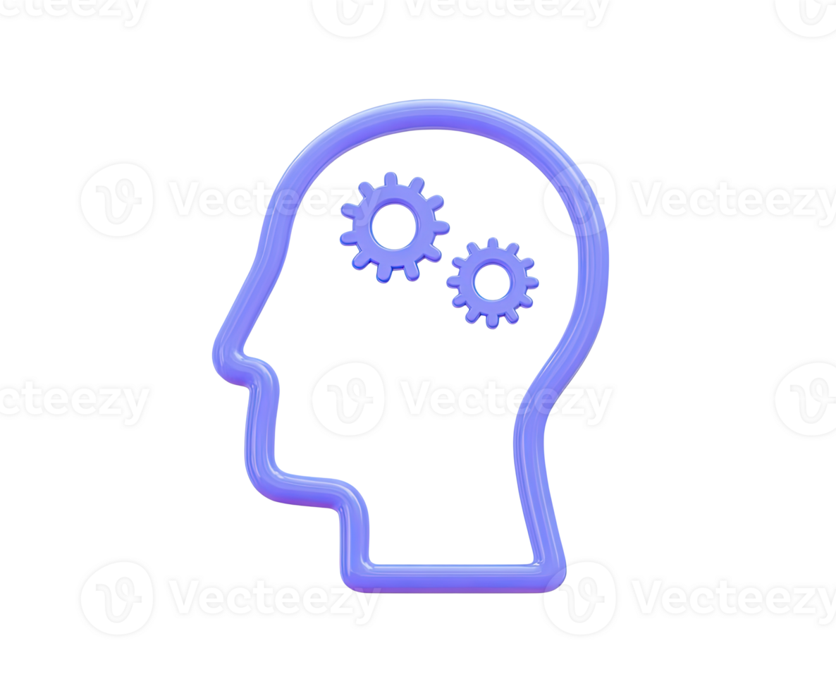 Human head profile with gears inside 3D render icon. Represents thinking process, mental function, psychology, or intelligence. Isolated transparent graphic. png