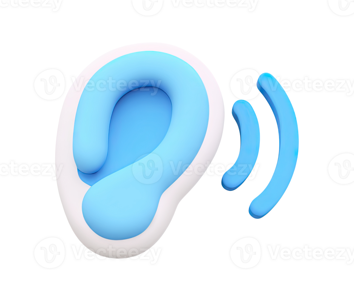 Ear with sound waves 3D render icon. Represents hearing, audiology, sound perception, or ear health. Isolated transparent graphic symbol for medical use. png