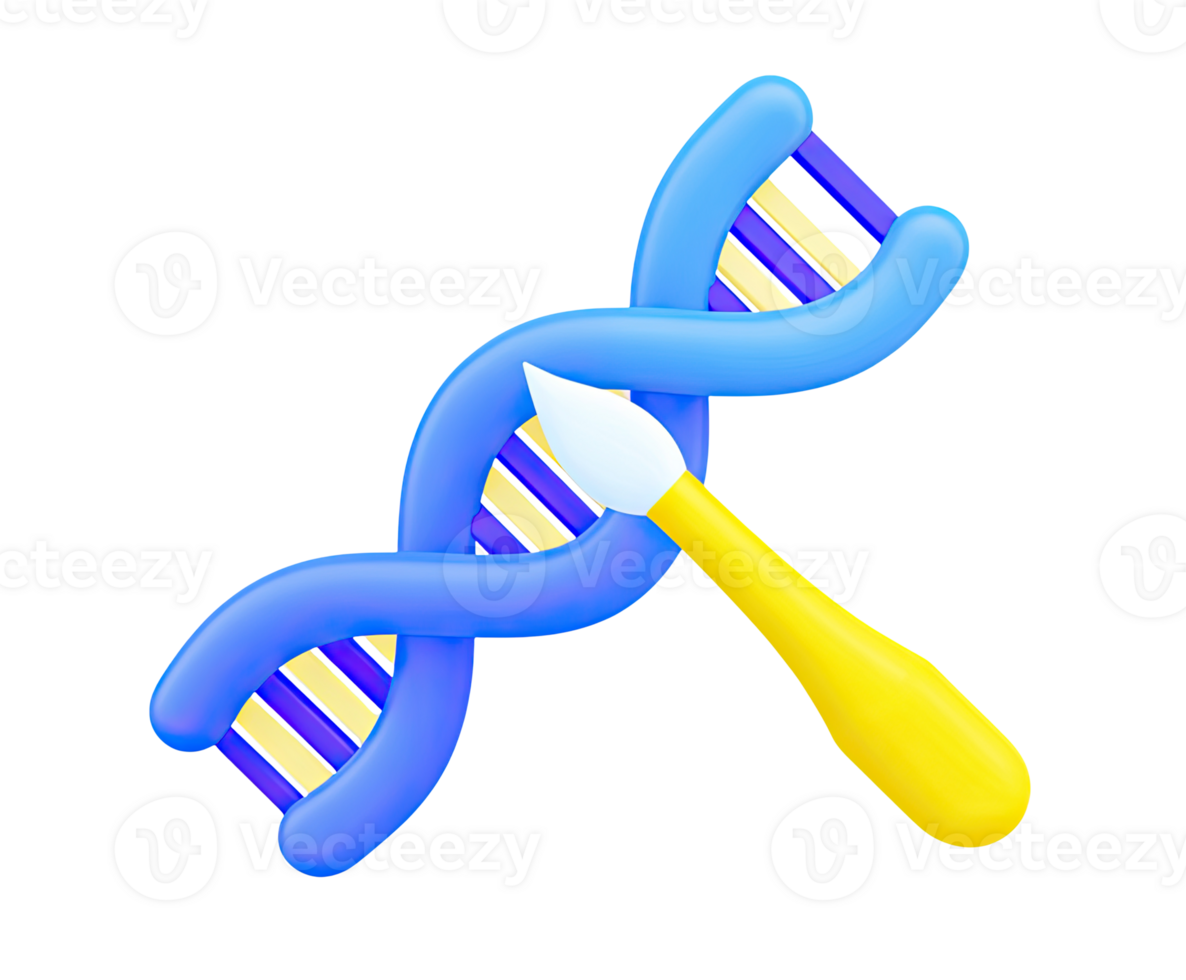 DNA helix with analysis tool 3D render icon. Represents gene editing, genetic engineering, or research probe. Isolated transparent graphic concept. png