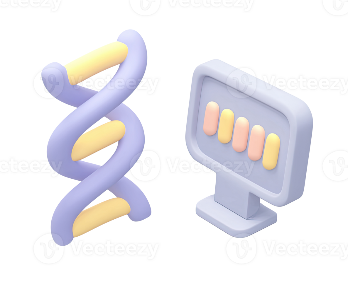 DNA analysis on computer screen 3D render icon. Genetic research, bioinformatics, or medical data visualization. Isolated transparent graphic display. png