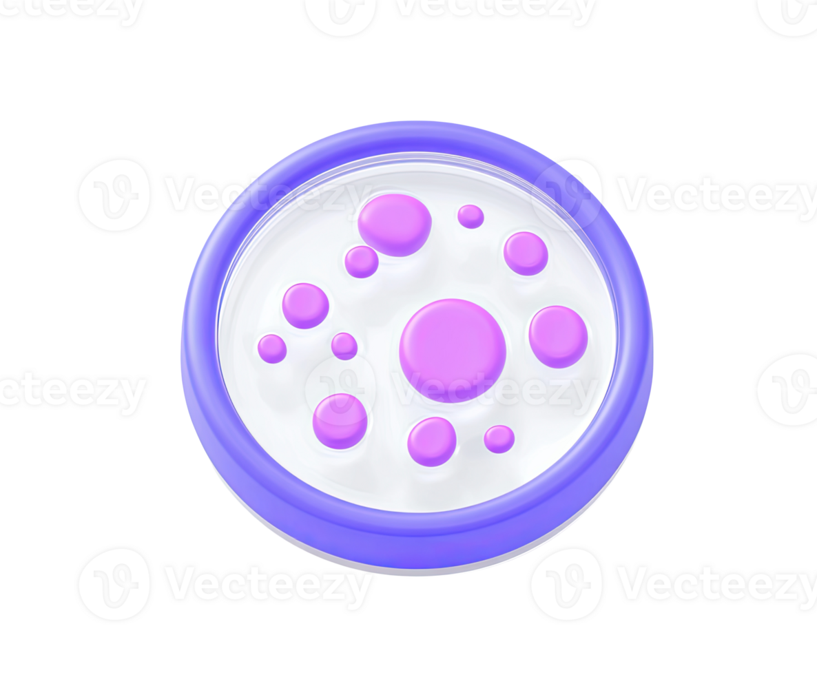 Petri dish with growing cell colony 3D render icon. Laboratory research, microbiology experiment, or medical test concept. Isolated transparent graphic. png