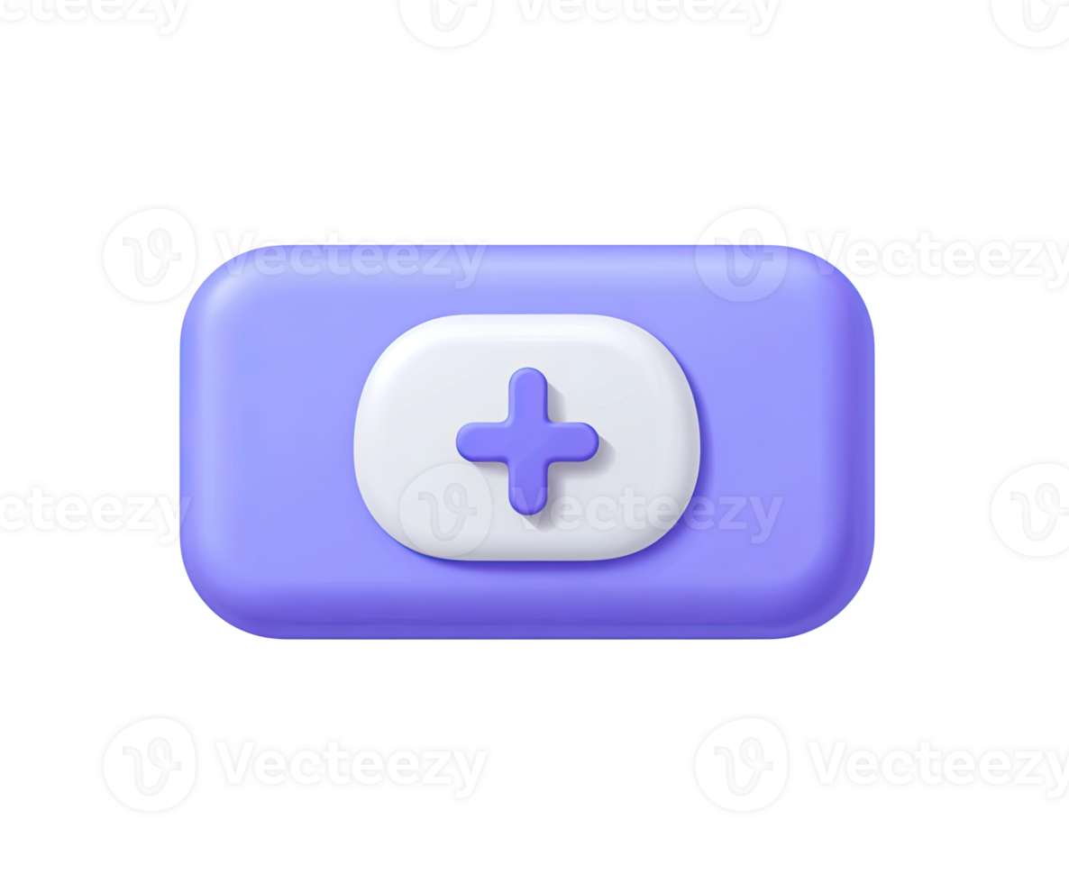 Medical cross on rounded rectangle button 3D render icon. Healthcare symbol, hospital sign, first aid point, or app UI element. Isolated transparent graphic. png
