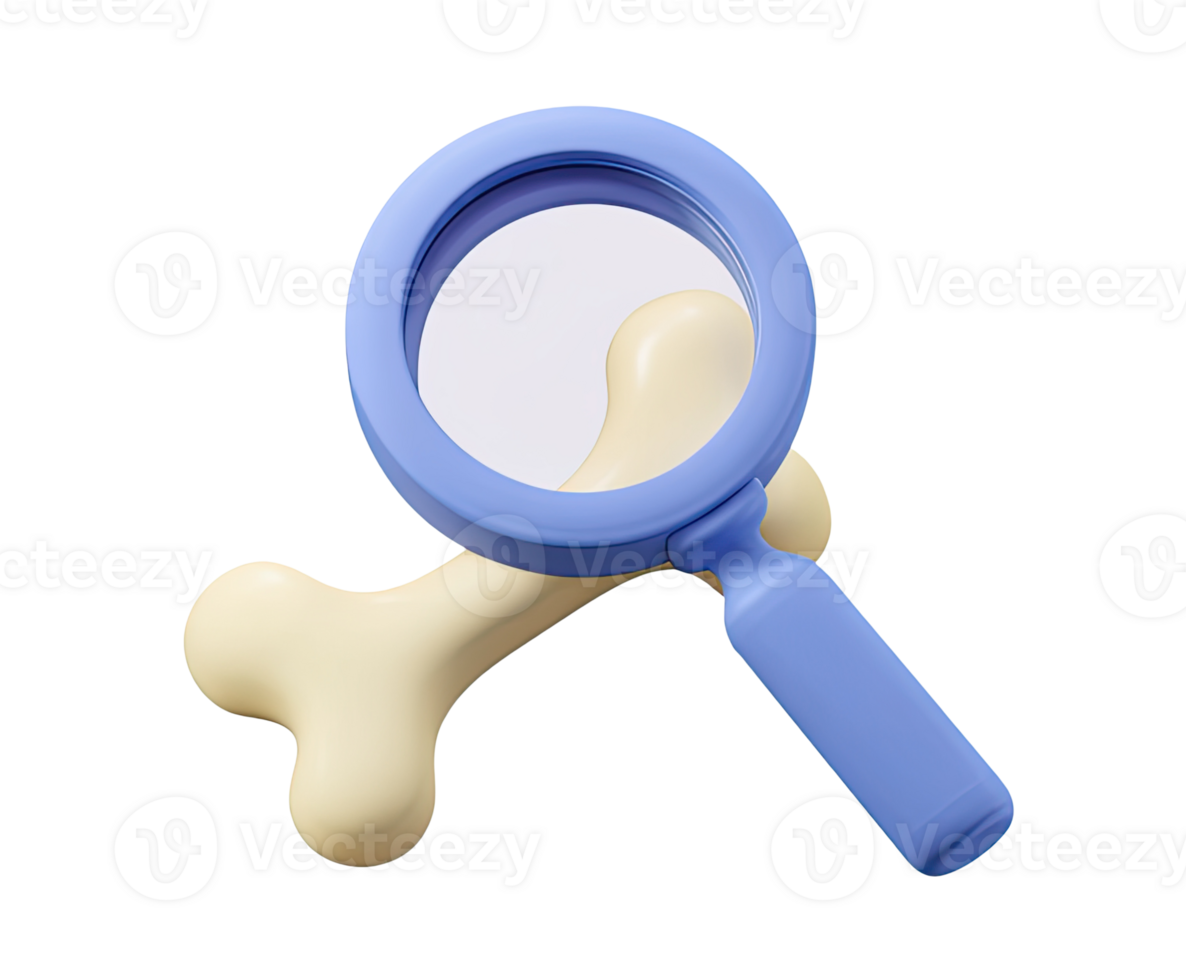 Magnifying glass examining bone 3D render icon. Represents orthopedic diagnosis, skeletal analysis, or osteoporosis check. Isolated transparent graphic. png