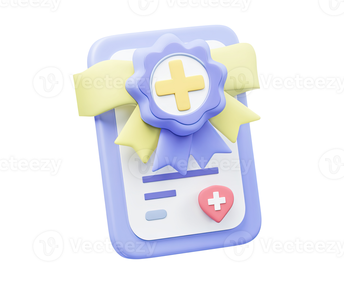 Medical certificate or diploma with ribbon 3D render icon. Represents healthcare qualification, achievement, or award. Isolated transparent graphic document. png