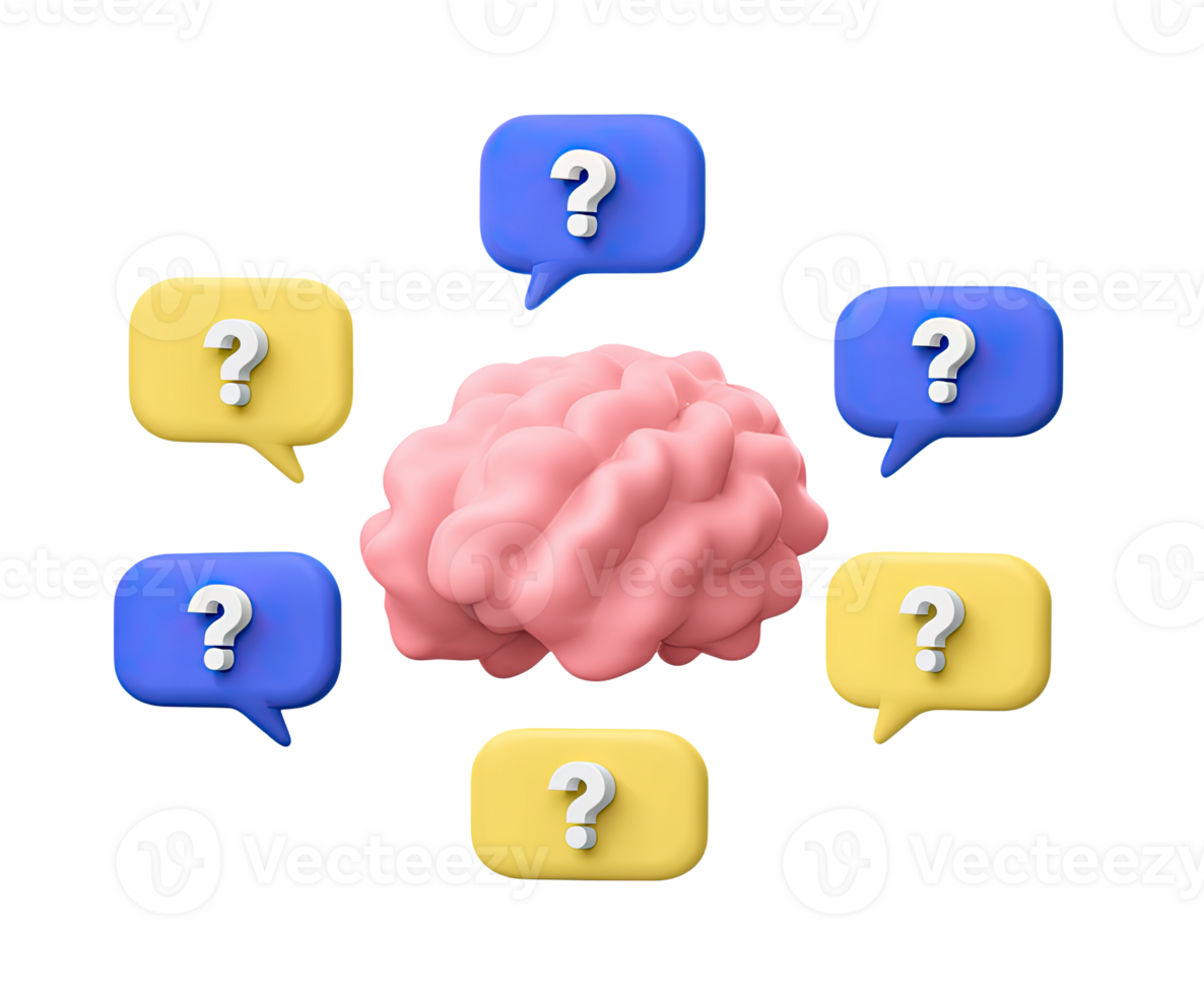 Brain with question speech bubbles 3D render icon. Represents brainstorming, mental health discussion, or seeking answers. Isolated transparent graphic. png
