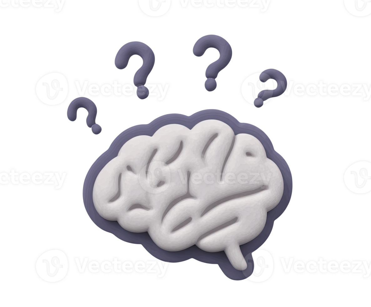 Brain with question marks 3D render icon. Symbolizes confusion, doubt, mental health query, or neurological issue. Isolated transparent graphic element. png