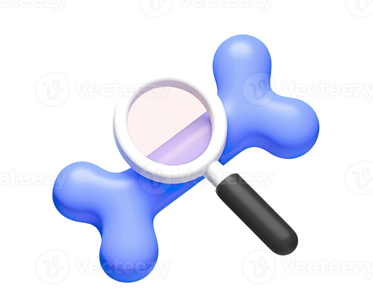 Magnifying glass examining DNA helix 3D render icon. Symbolizes genetic research, analysis, or gene testing. Isolated transparent graphic for science labs. png