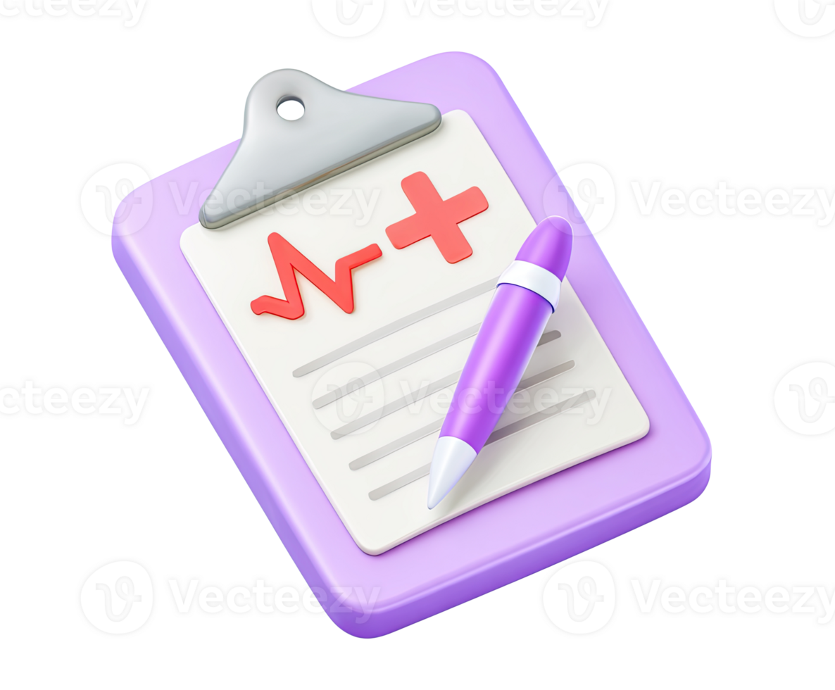 Medical clipboard with checklist 3D render icon. Represents patient records, health checkups, or forms. Isolated transparent for clinic workflow visuals. png