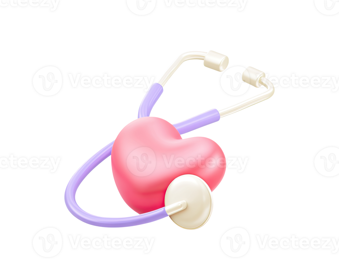 Stethoscope checking heart symbol 3D render icon. For cardiology, heart health checkups, or clinic apps. Isolated transparent graphic for wellness. png