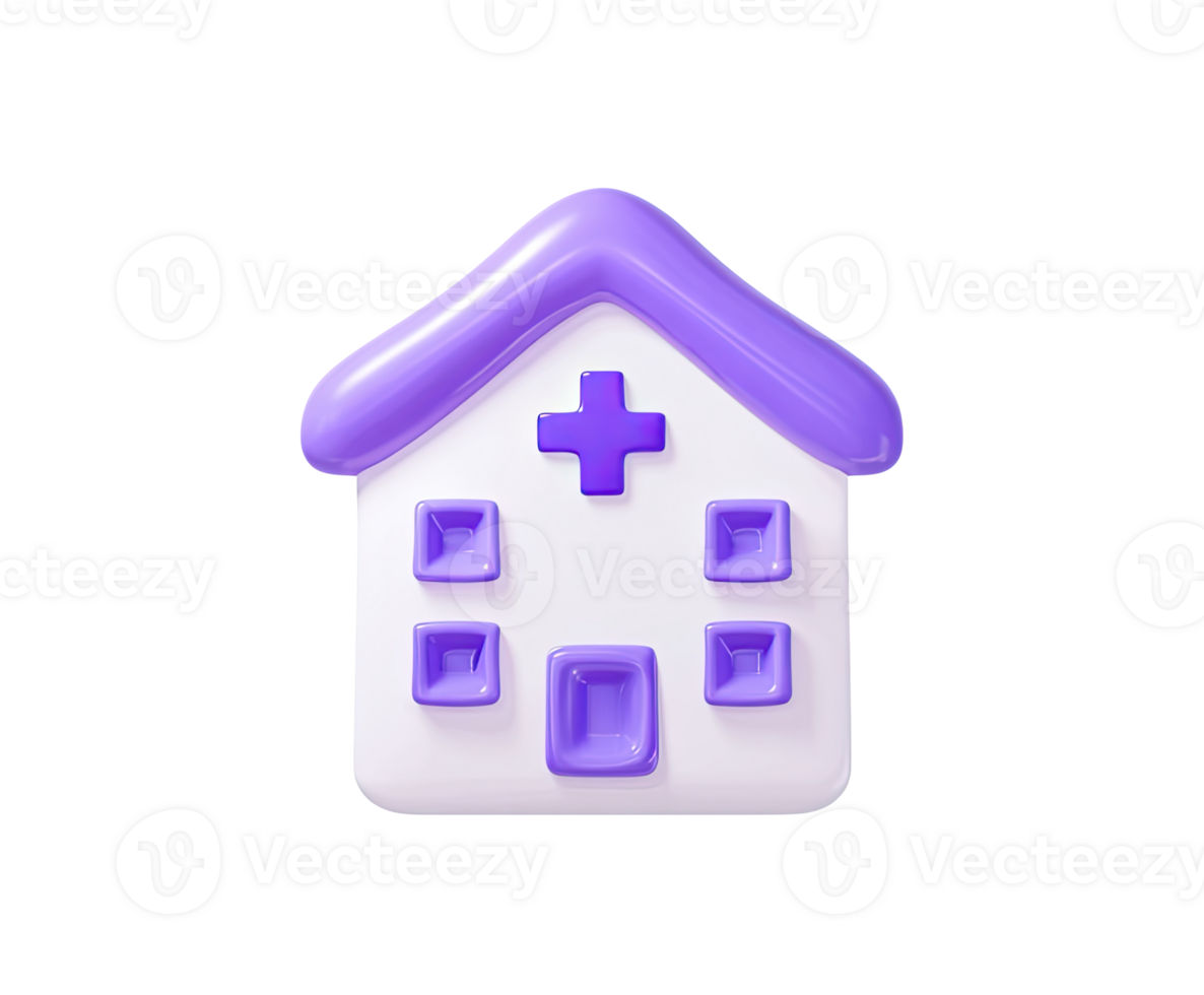 Clinic small hospital building 3D render icon. Represents local or community healthcare service. Isolated transparent for office locators or maps. png