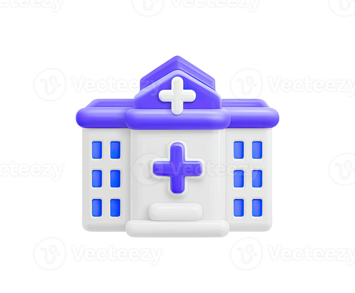 Modern hospital building 3D render icon. Symbol of advanced medical care and health facilities. Isolated transparent for provider or website visuals. png