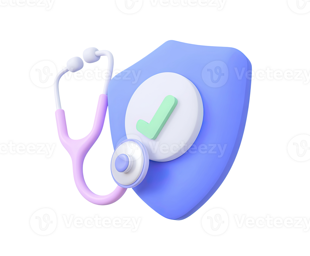 Green medical shield with checkmark 3D render icon. Signifies health verified, protected, or approved status. Isolated transparent for secure portals. png