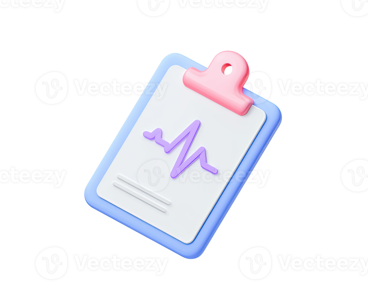 Medical clipboard with ECG chart 3D render icon. Cardiology report or heart health assessment visual. Isolated transparent for patient record systems. png