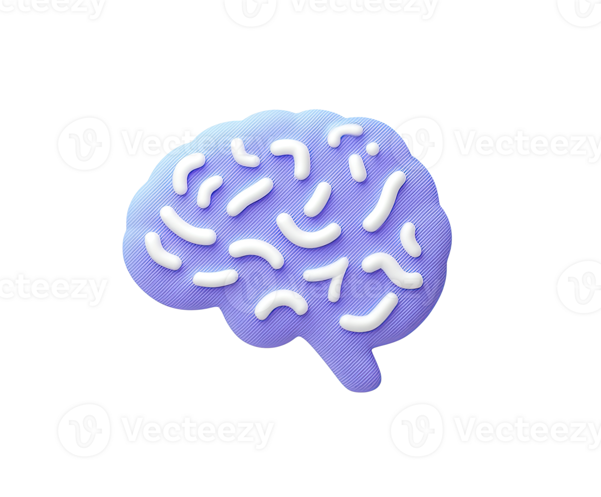 Stylized human brain 3D render icon. Represents neurology, psychology, mind, or intelligence. Isolated transparent for mental health or neuroscience use. png