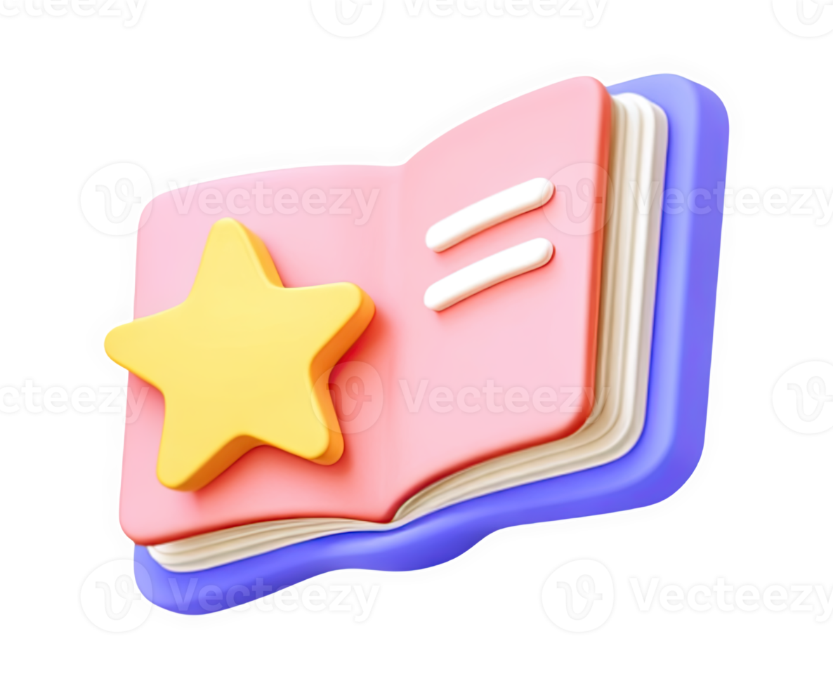 Open book 3D icon with a yellow star, symbolizing knowledge, learning, or achievement. Great for educational, literary, or review-themed designs and apps. png