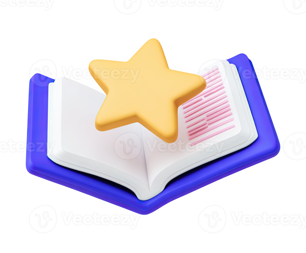Blue open book with a prominent yellow star, a 3D render for wisdom, education, or top-rated publications. Ideal for academic content or study guides. png