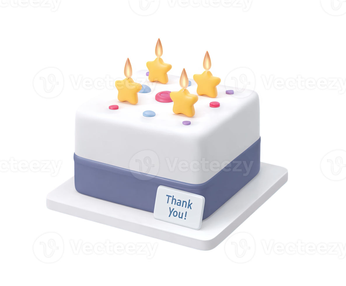 Celebratory 3D cake with star candles and 'Thank You' message, for gratitude, appreciation, or joyful events. Use for thanks or milestone designs. png