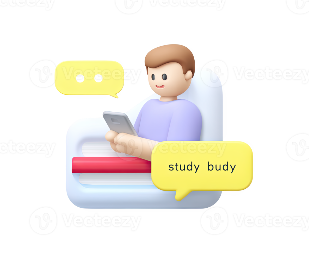 Person at a desk with laptop showing 'study budy,' a 3D icon for online learning, collaborative study, or ed-tech. For e-learning or study groups. png