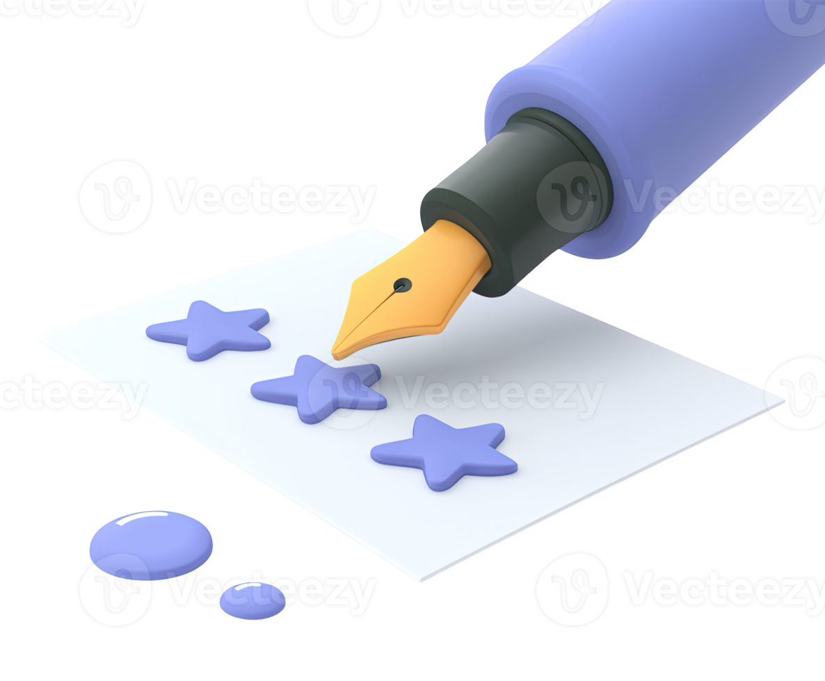 Elegant 3D fountain pen drawing blue stars on paper. Symbolizes creativity, artistic expression, writing, or making a mark. For art or literary concepts. png