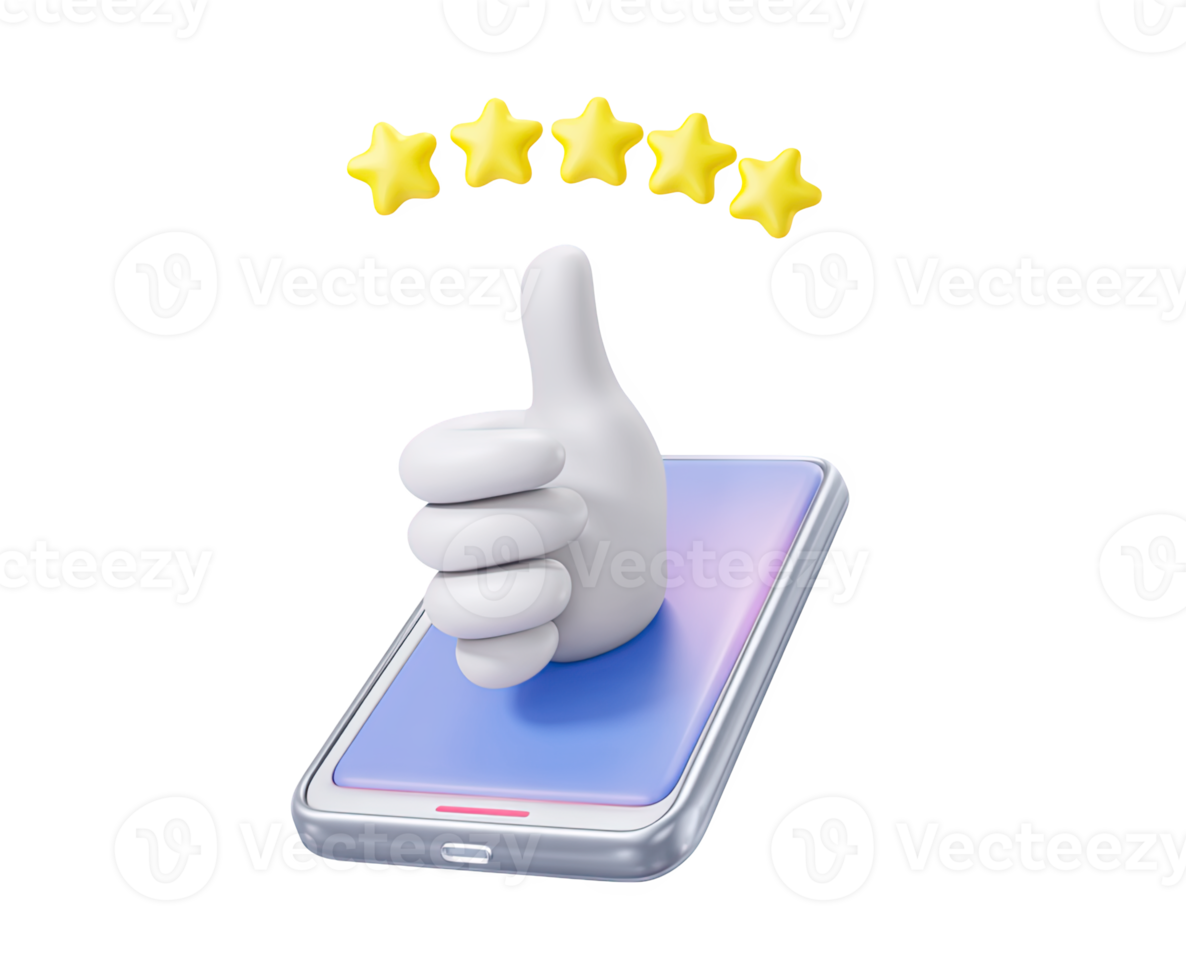 3D smartphone with thumbs-up and five stars, for excellent mobile app reviews, high customer satisfaction, or positive online feedback. Showcase ratings. png