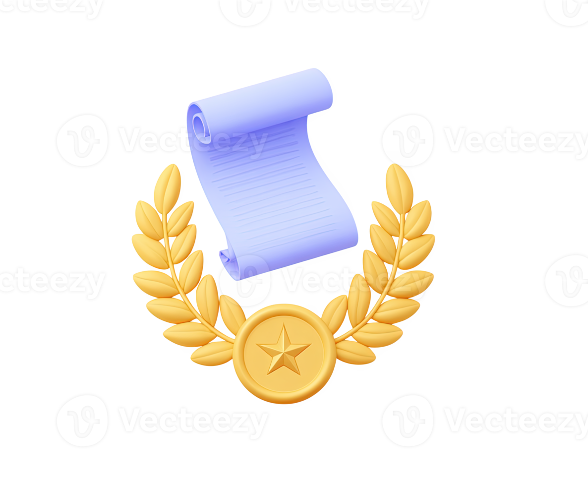 3D rolled scroll with gold medal and laurel wreath, for academic achievement, official certification, or prestigious award. For graduation or honors. png