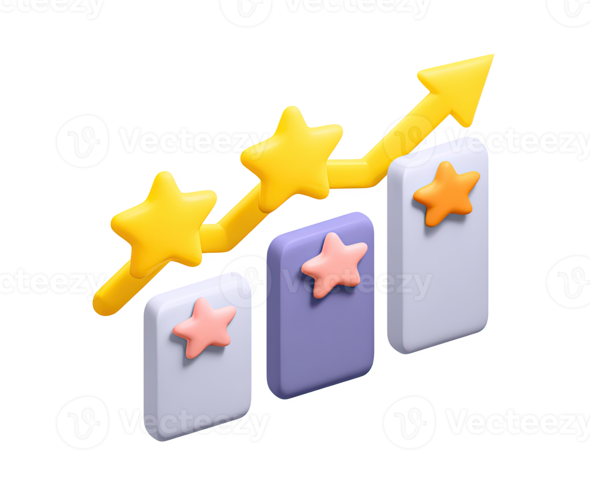 3D bar chart with stars and upward arrow, for growth, success, positive performance, and increasing ratings. For business reports and progress visuals. png