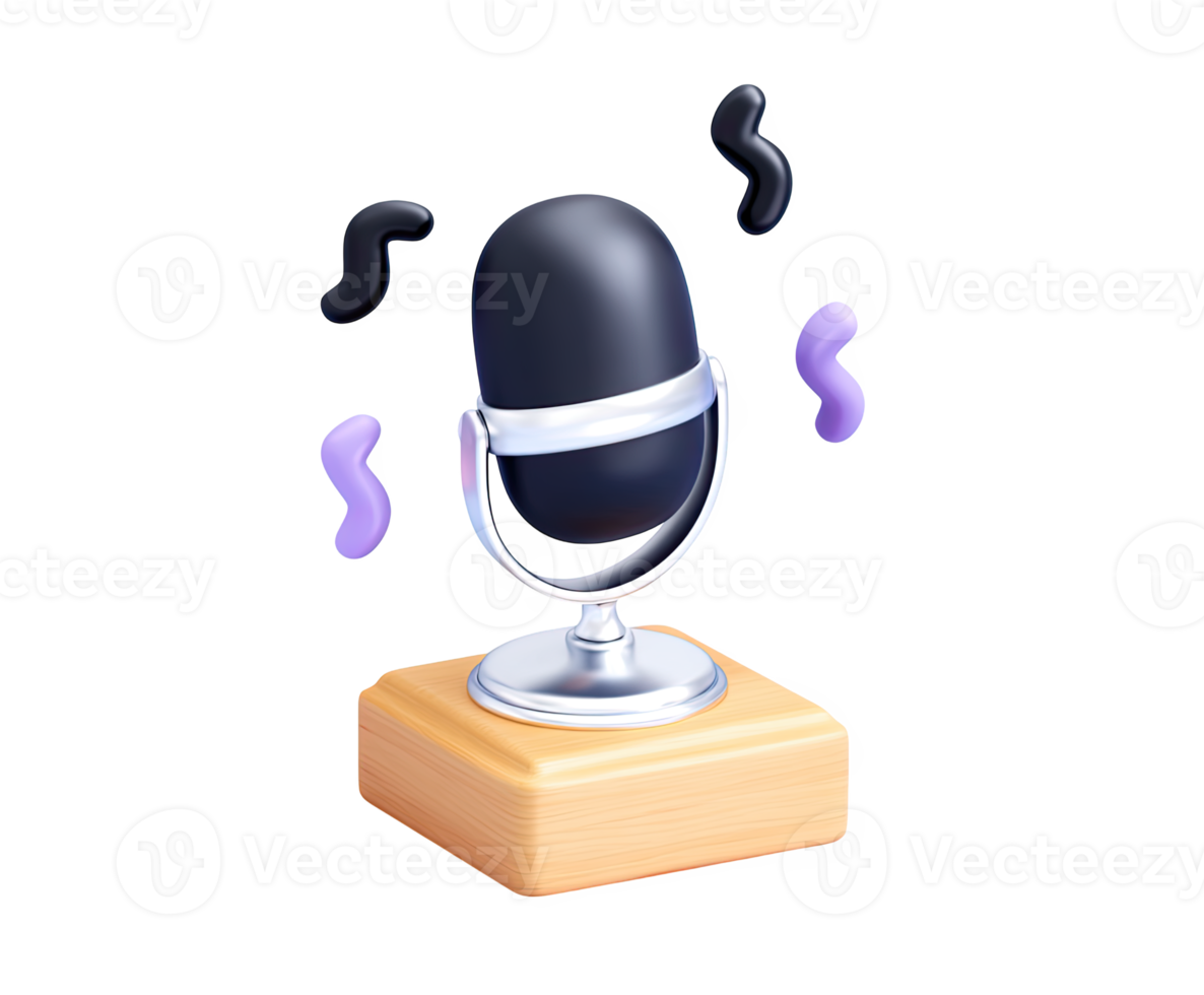 3D microphone with musical notes and sound waves, for audio recording, podcasting, singing, or music performance. For media players and music apps. png