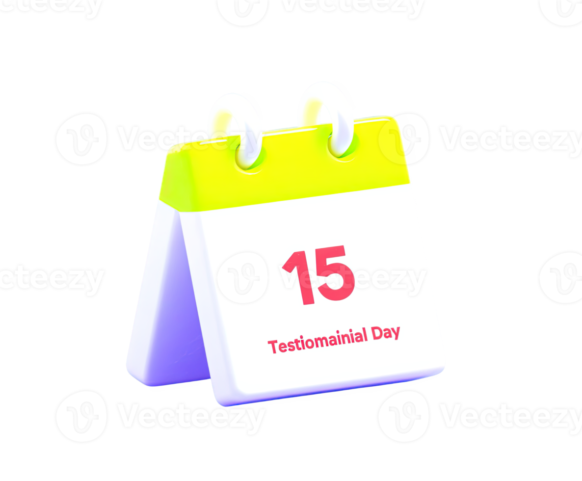 3D calendar marking 15th as 'Testimonial Day,' highlighting customer feedback, reviews, and social proof. For testimonial collection campaigns. png