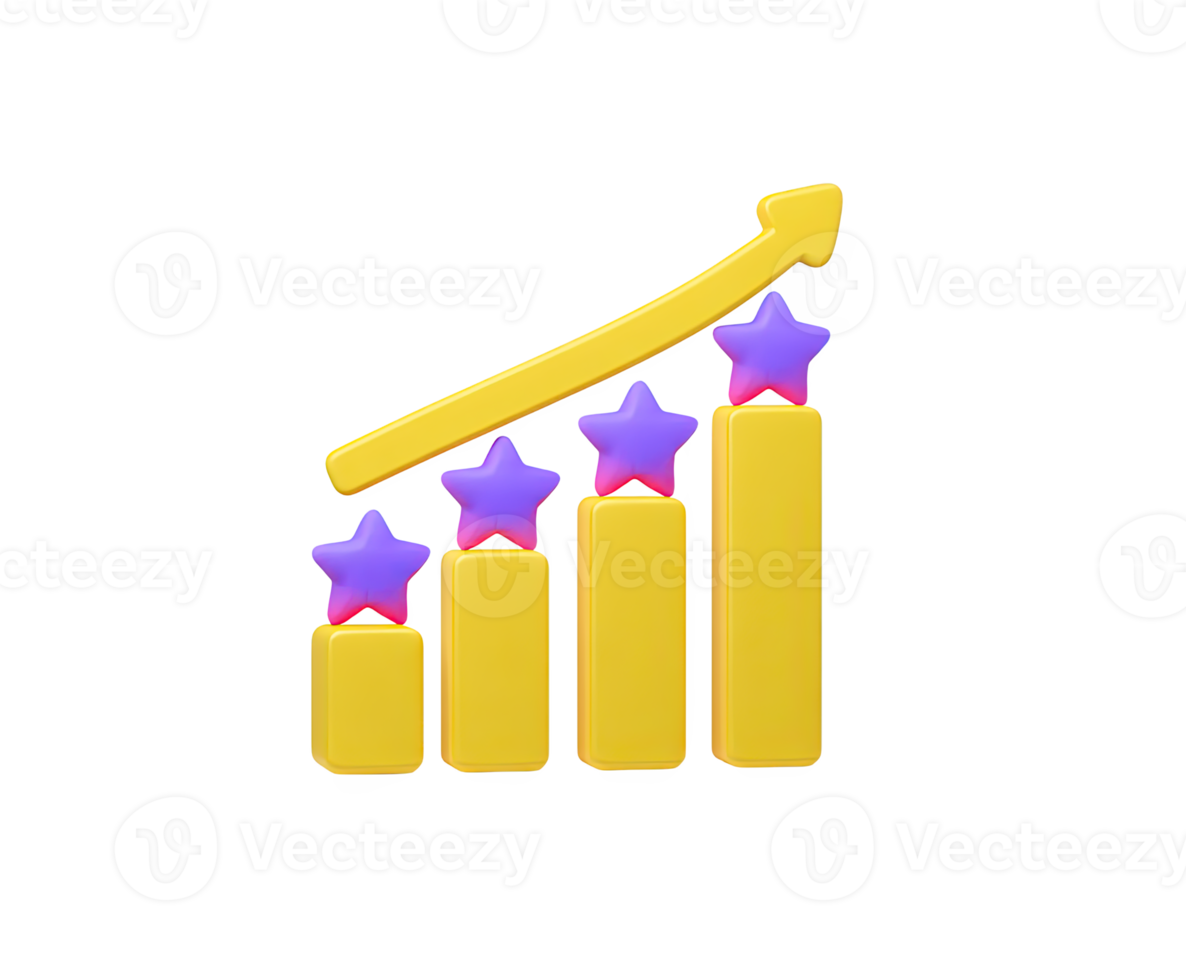 Golden 3D bar chart with stars and rising arrow, for financial growth, successful investments, or high performance. For financial presentations. png