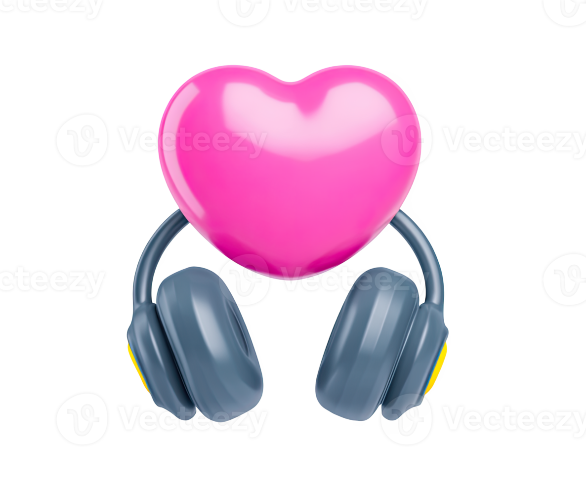 Sleek 3D headphones with vibrant pink heart, for music appreciation, podcasts, or caring customer service. For audio apps and connection branding. png