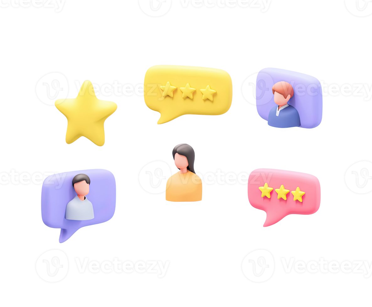 3D feedback icons star ratings, speech bubbles, user avatars. For customer reviews, testimonials, online communication, and user engagement. png