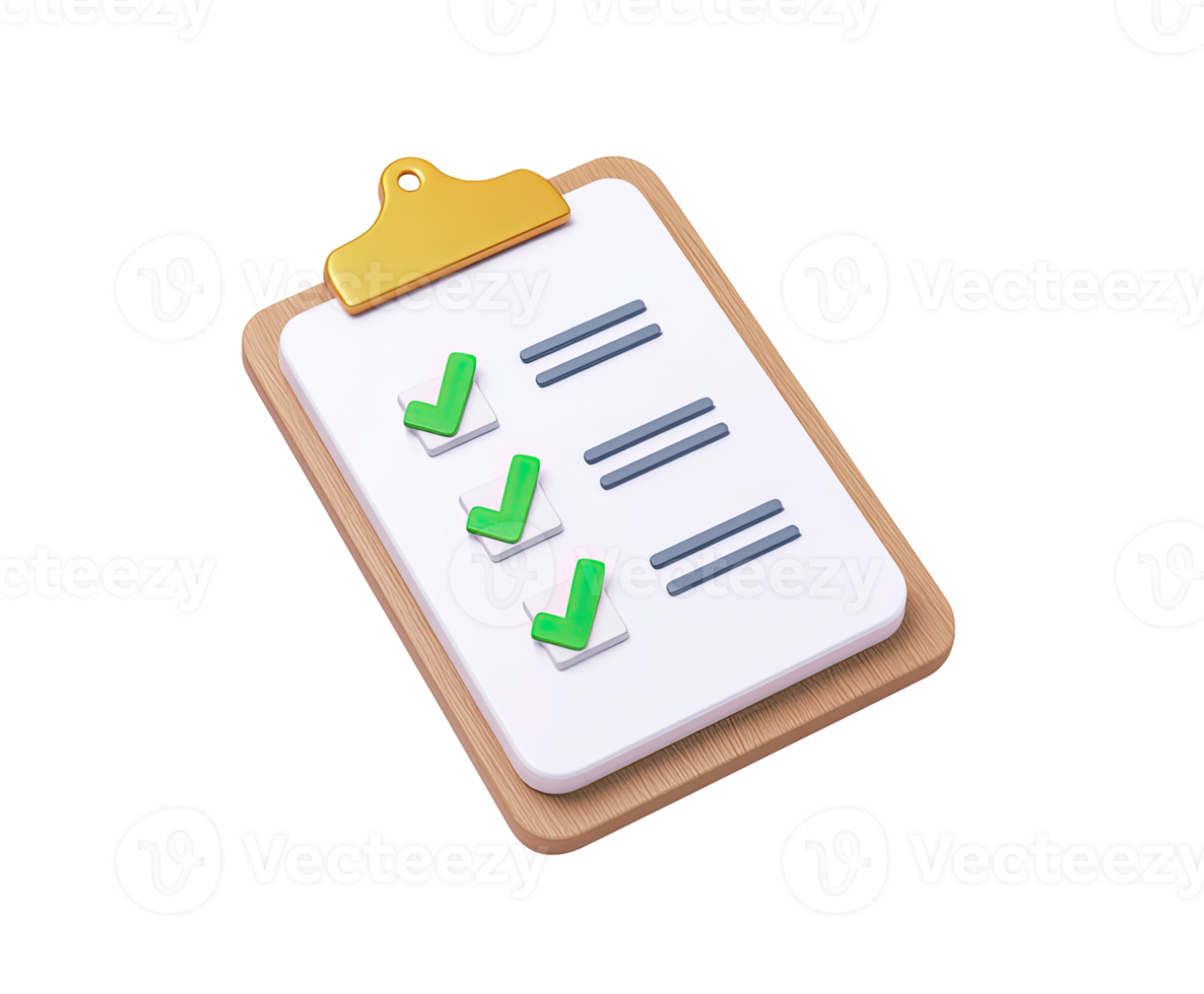 3D clipboard with checklist and green checkmarks, for completed tasks, successful planning, task management, or quality assurance. For productivity. png