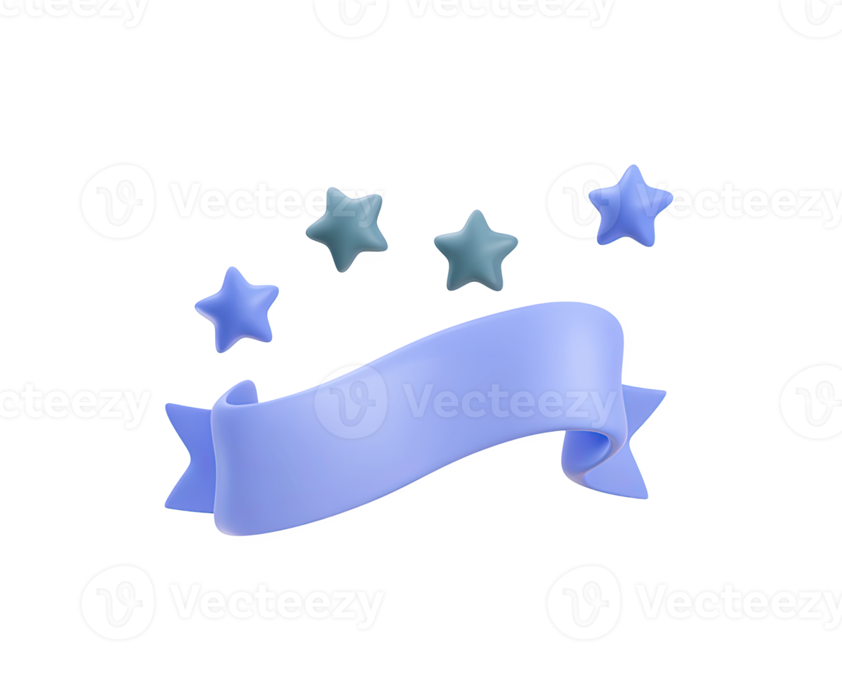 Elegant blue ribbon banner with stars, a 3D icon for awards, recognition, achievement, or quality mark. For certificates and decorative designs. png