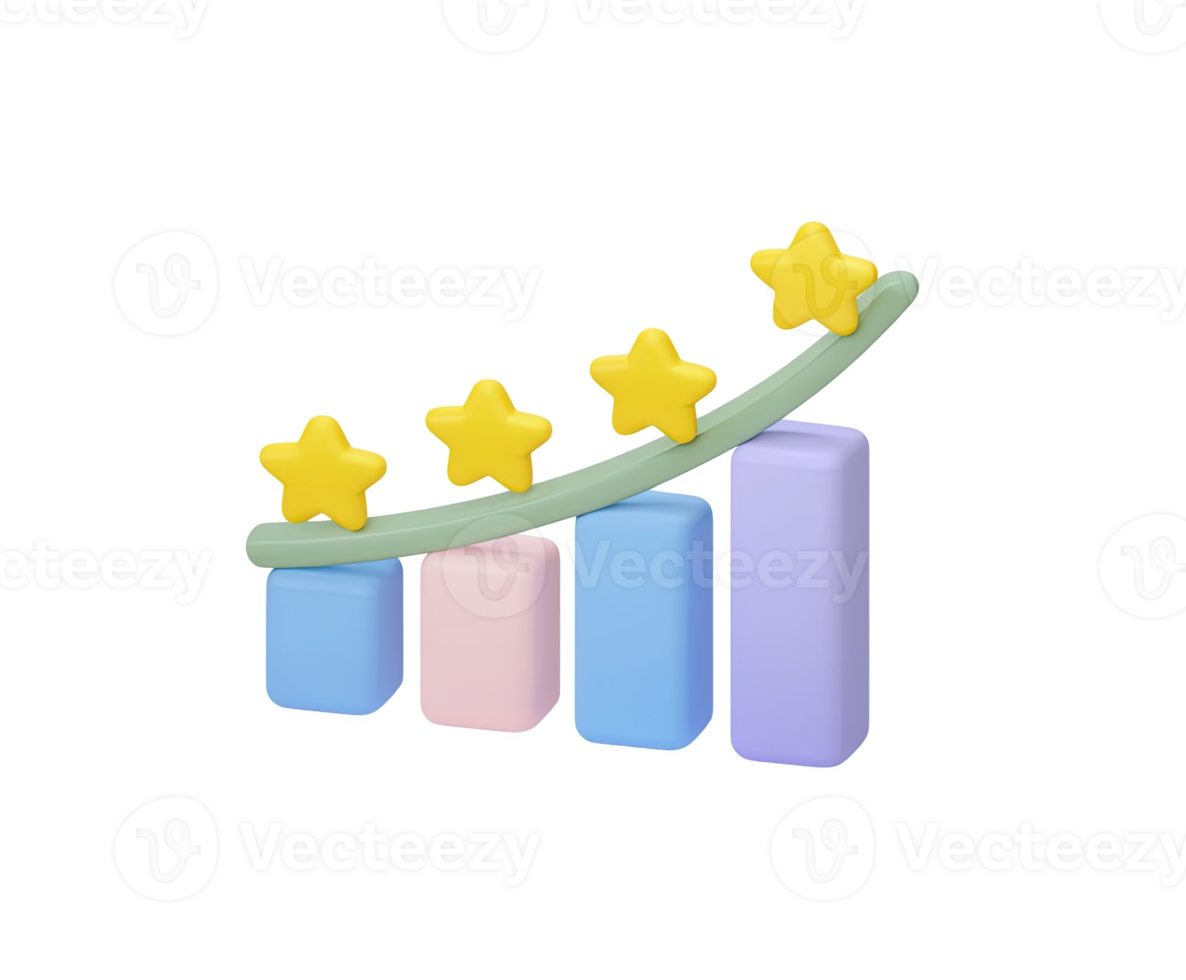Colorful 3D bar graph with stars and ascending arrow, for positive development, user satisfaction, or project success. For data visualization. png
