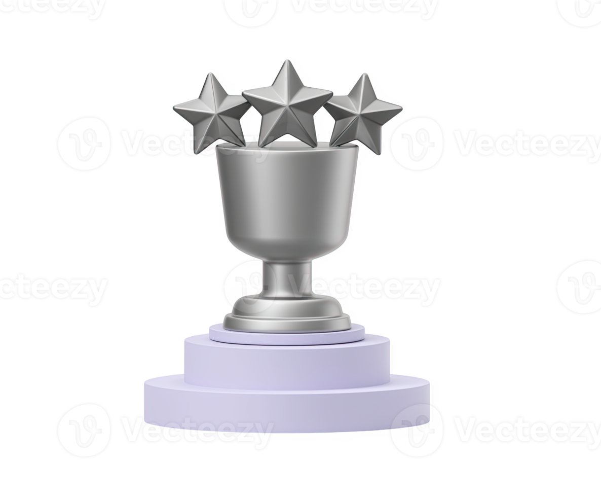 Gleaming silver trophy cup with three stars, a 3D icon for second place, significant achievement, or notable award. For recognizing excellence. png