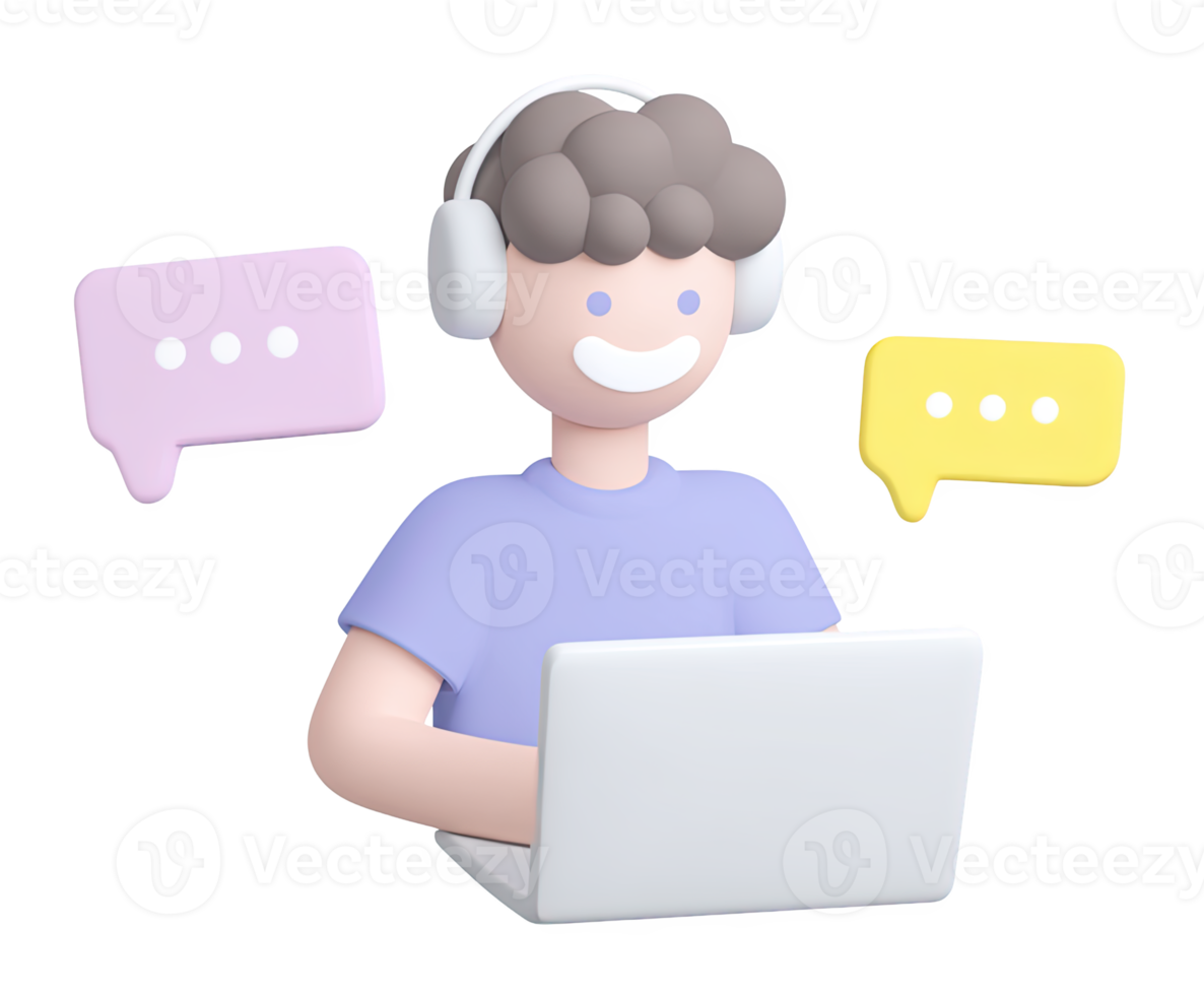 3D character with headset and laptop in chat, for customer support, remote assistance, or online consultation. For call centers or virtual help. png
