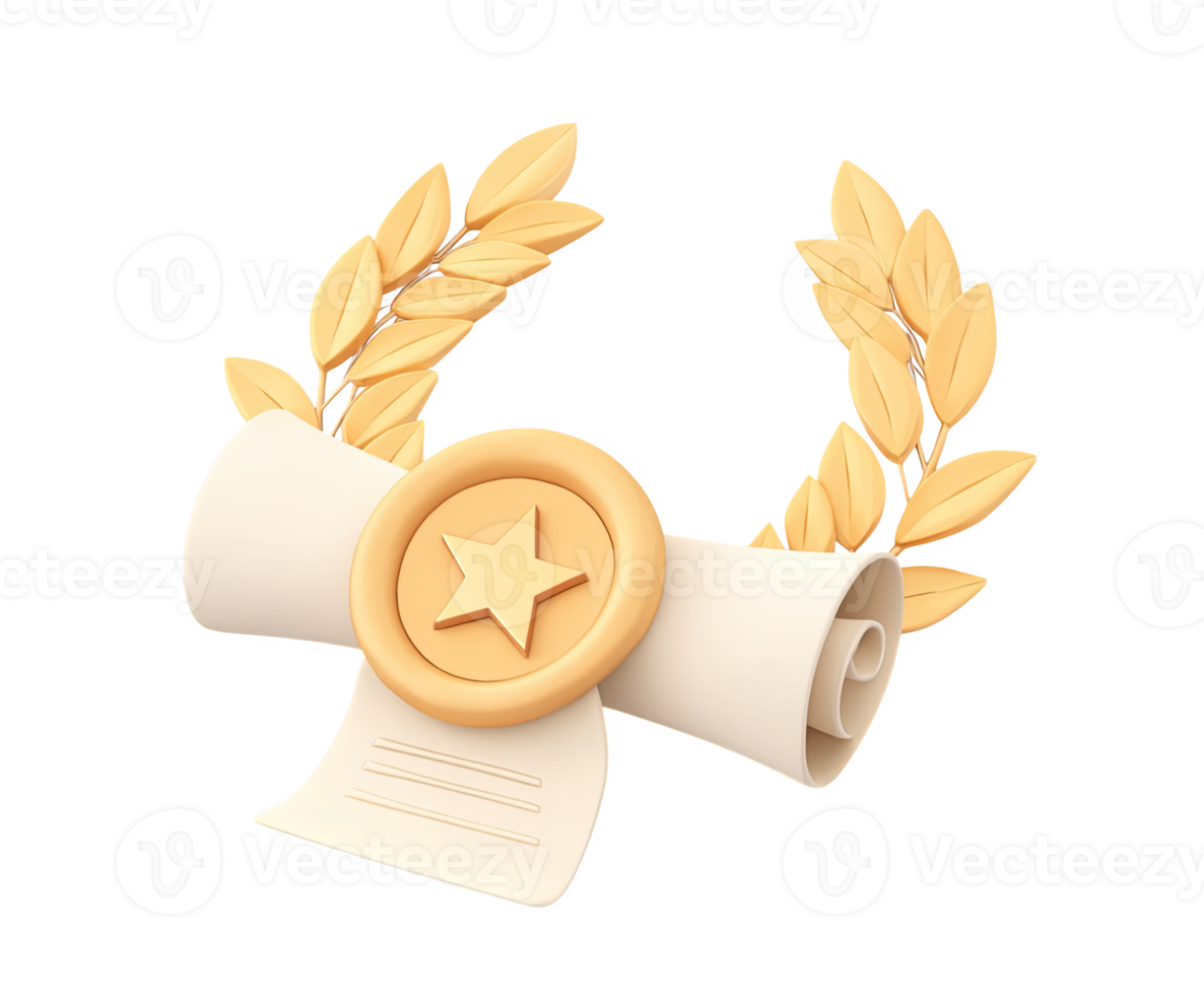Unfurled scroll or certificate with gold medal and laurel wreath, a 3D render for high honors, accomplishment, or validated achievement. For degrees. png