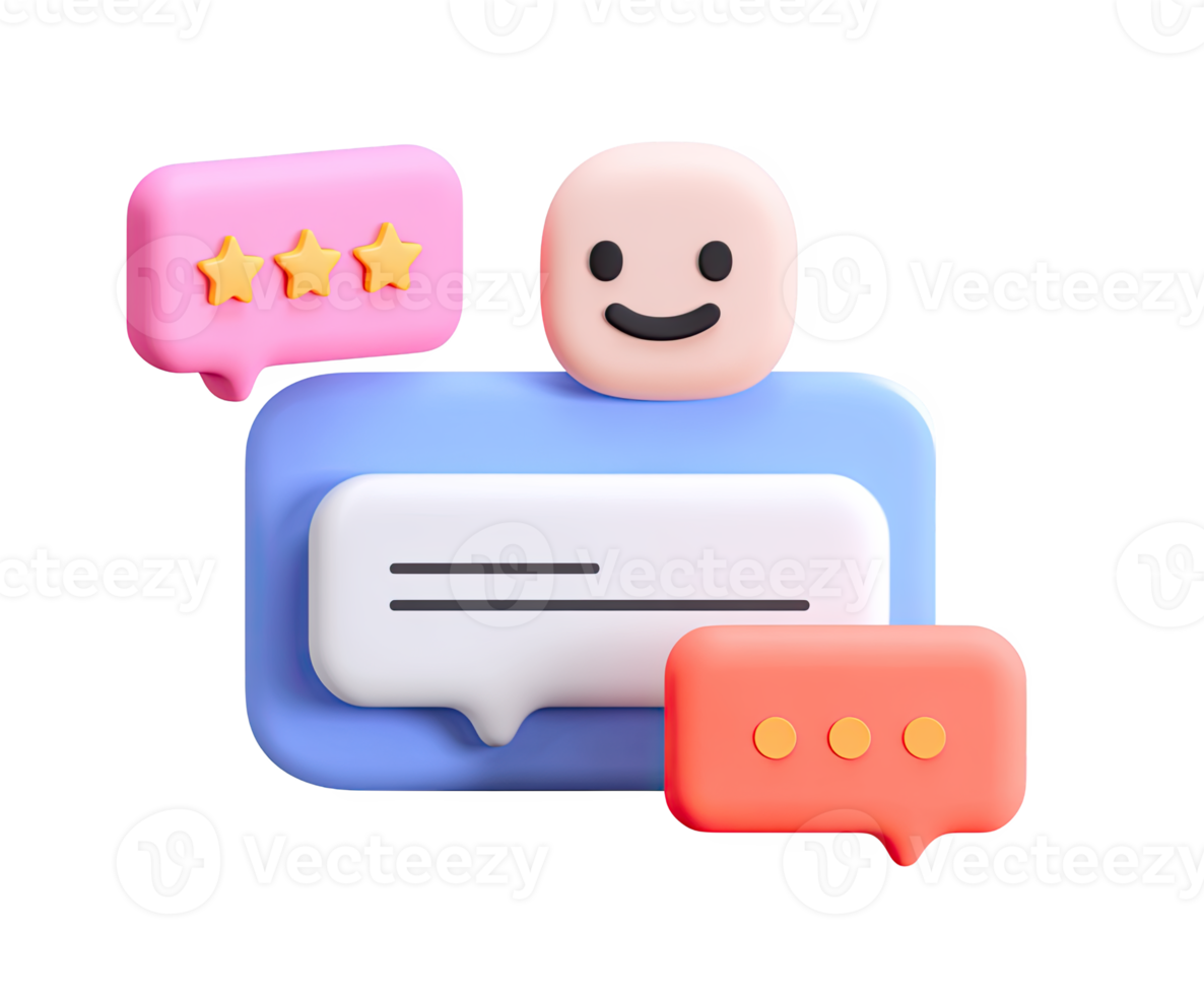 Modern 3D chat interface with smiley, star rating, messages, for positive customer feedback, excellent service review, or happy user communication. png