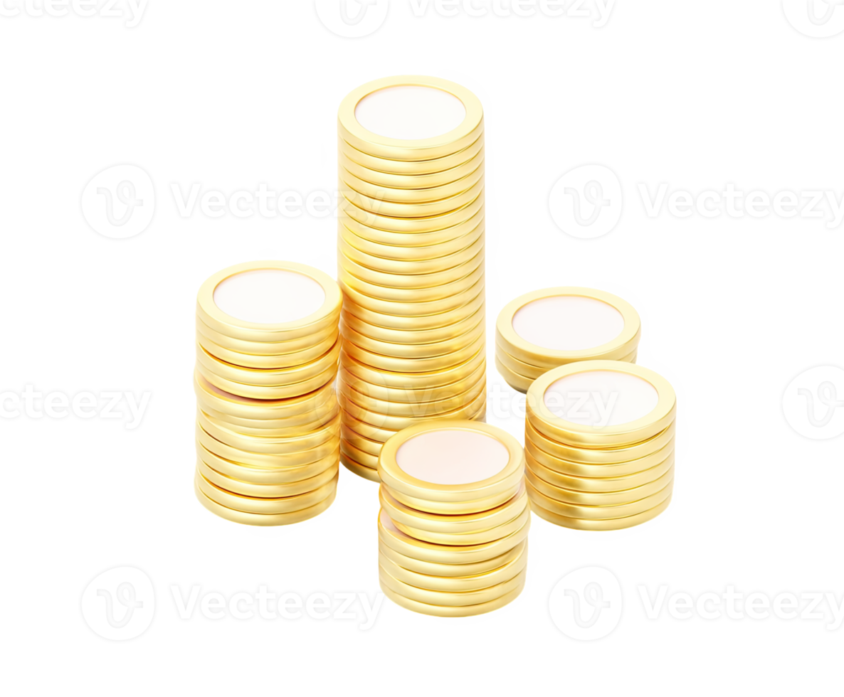 Multiple stacks of gold coins, a 3D icon for wealth, savings, investment, profit, or financial success. For banking, finance, or e-commerce visuals. png